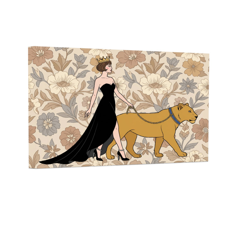Animaux, fond floral, reine avec lion, H 24 po x l 36 po