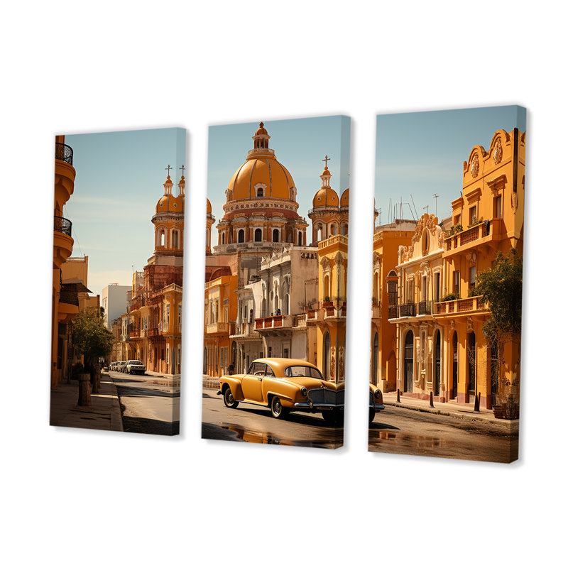 «Yellow Cuba Colonial Architecture I», ensemble d'art sur toile Cuba, Toile tendue, H 40 po x l 60 po x P 1 po