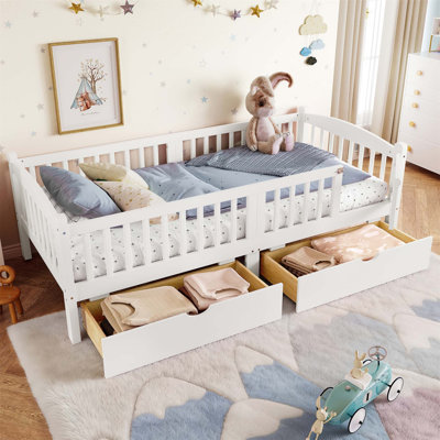 Platform Bed With Full-Length Guardrails, Storage Drawers, And Childlike Headboard Design For Kids