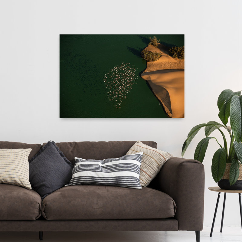 Pink Flamingos Desert Lake Serene Tranquil Vibrant Bird Flamingo Landscape Nature Wall Art Print by Johan Enslin - Wrapped Canvas Print