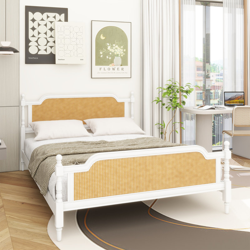 Structure de lit en rotin de style traditionnel, aucun sommier nécessaire, Blanc antique, Grand lit