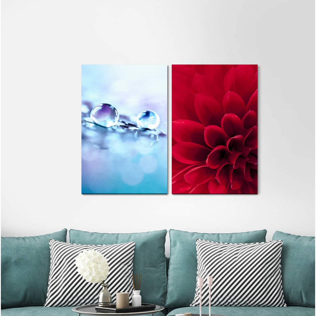 2-tlg. Leinwandbilder-Set - Grafikdruck „Dahlia Water Pearl Blue Drops Red Flowersoft”