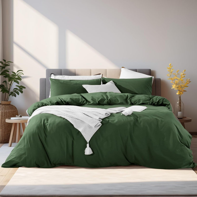 NEXHOME PRO Duvet Cover Set Queen Size Linen Feel Textured Organic Natural 100% Washed Cotton Duvet Cover 3 Pieces Bedding Set with Zipper Closure, Breathable, Soft, Forest Green (No Comforter)