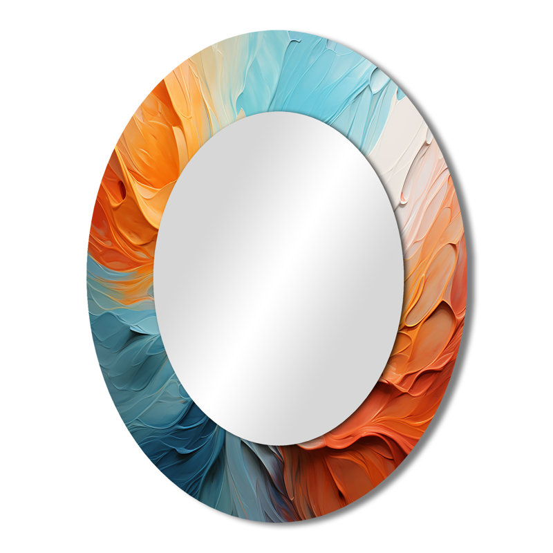 Teal Orange Bold Abstract Flow Collage I - Large Oval Wall Mirror On Metal, 43" x 33"