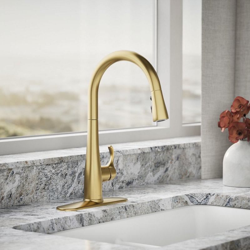 Simplice Touchless Pull-Down Kitchen Sink Faucet with Three-Function Sprayhead, Vibrant Brushed Moderne Brass