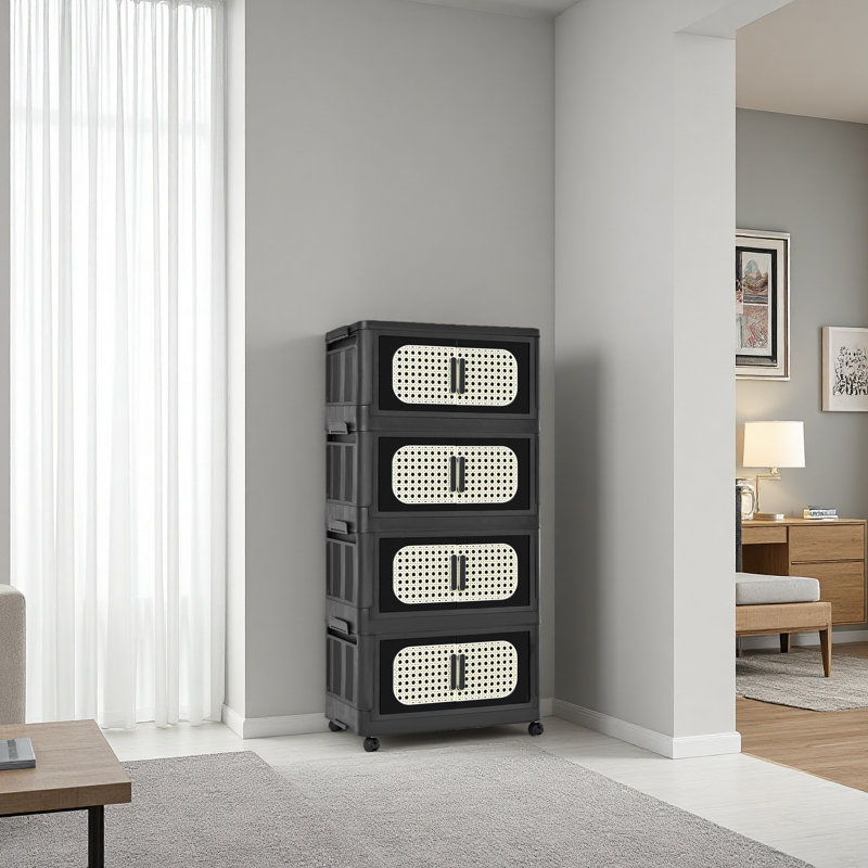 20" Side Wide Folding Storage Cabinet ,4 Tiers,19.69"×11.81"×40.55",Collapsible Storage Bins With Magnetic Door, Plastic Storage Cabinet With Wheels