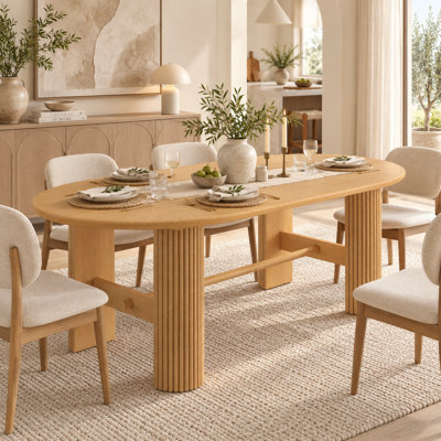 72 Inch Oval Dining Table for 6 with Oak Veneer Top and Fluted Double Pedestal Base