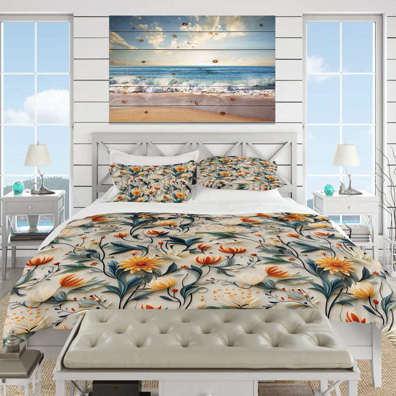 Ensemble de housse de couette zen orange et vert à fleurs tranquilles, Housse de couette simple + 1 taie décorative stan