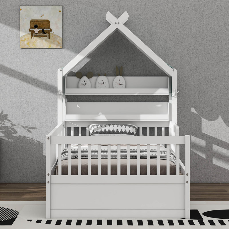 Lit maison avec tablette de tête de lit et auvent amovible, cadre de lit plateforme en bois avec garde-corps, Lit simple