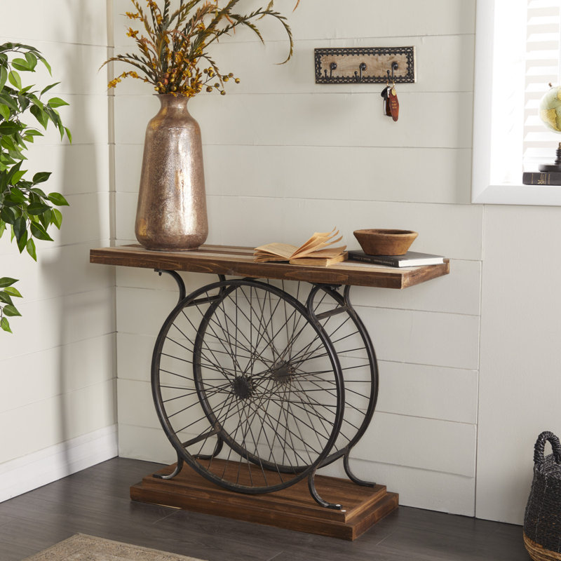 Industrial Brown Wood and Metal Wheel Console Table with Storage