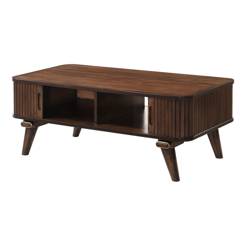 Table rectangulaire en placage de noyer avec 2 tablettes et portes en tambour pour la vie de style Mid-Century