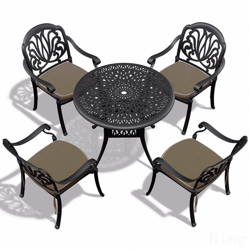 5-Piece Set Of Cast Aluminum Patio Furniture, With Brown Cushions, 4
