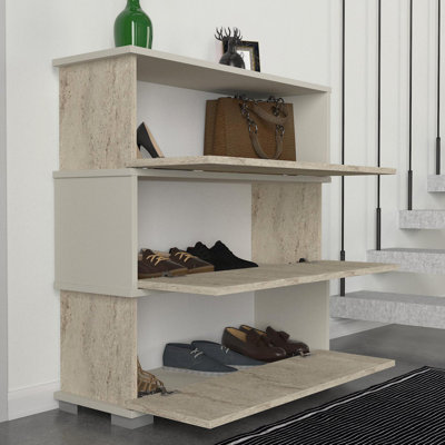 Modern Shoe Cabinet with 3 Drawers, Marble Design, 35.4 x 36.6 x 11.8 inches | 100% Melamine Coated Particle Board, 0.7 inches Thick | Stylish Travertine & Sandstone Finish, Wall-Mountable for Space-Saving Storage