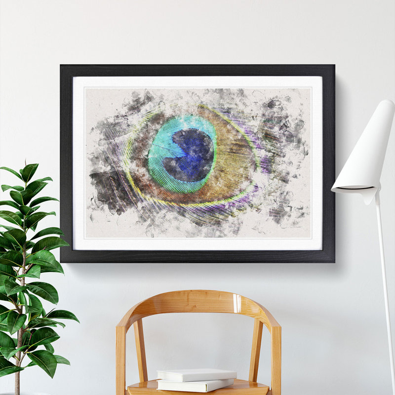 Delicate Peacock Feather 1 Piece Single Picture Frame Painting on MDF, 45cm H x 63cm W x 2cm D, Black Framed