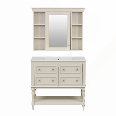 Meuble-lavabo 36 po avec armoire à pharmacie, armoire à miroir moderne, tablette réglable, 4 tiroirs, structure en bois massif, panneau de fibres à densité moyenne écologique, lavabo en céramique