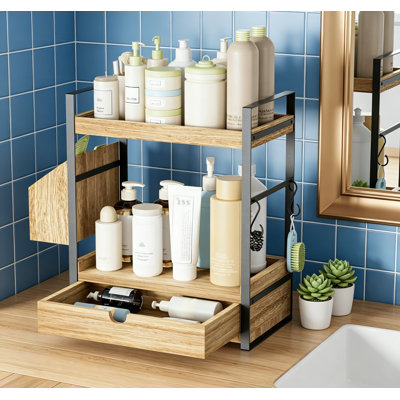 2-Tier Bathroom Counter Organizer with Drawer & Basket, Wood