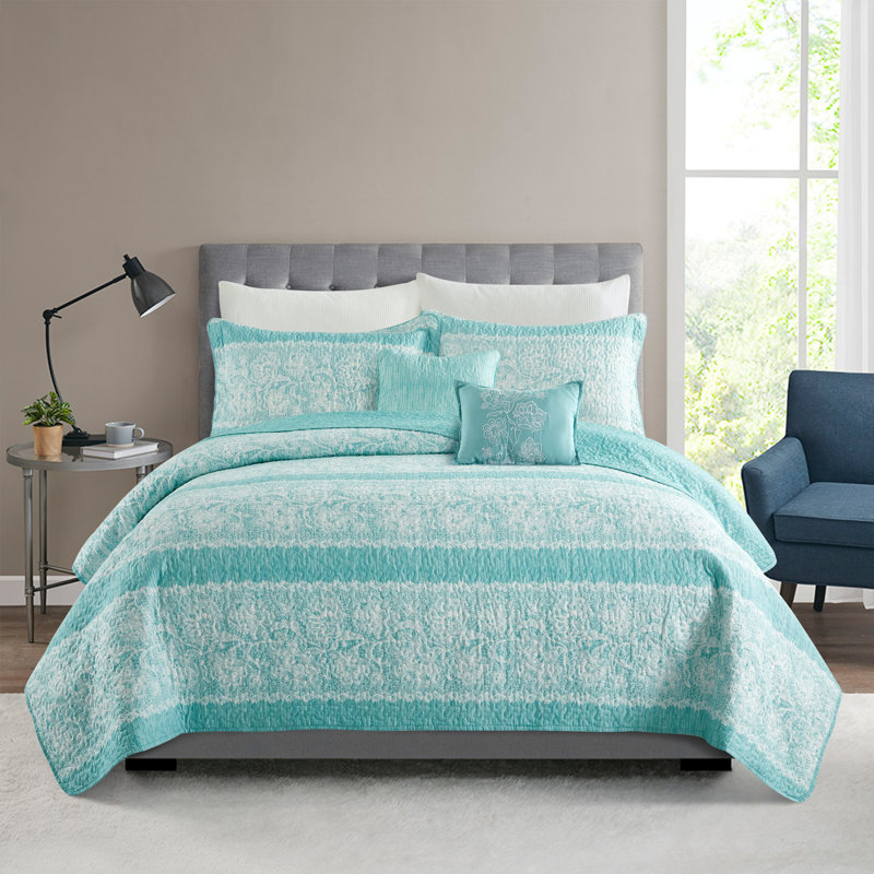 5 Piece Emma Printed Microfiber Quilts Set, Oversized King Quilt+2 King Shams+2 Throw Pillows, Teal Aqua