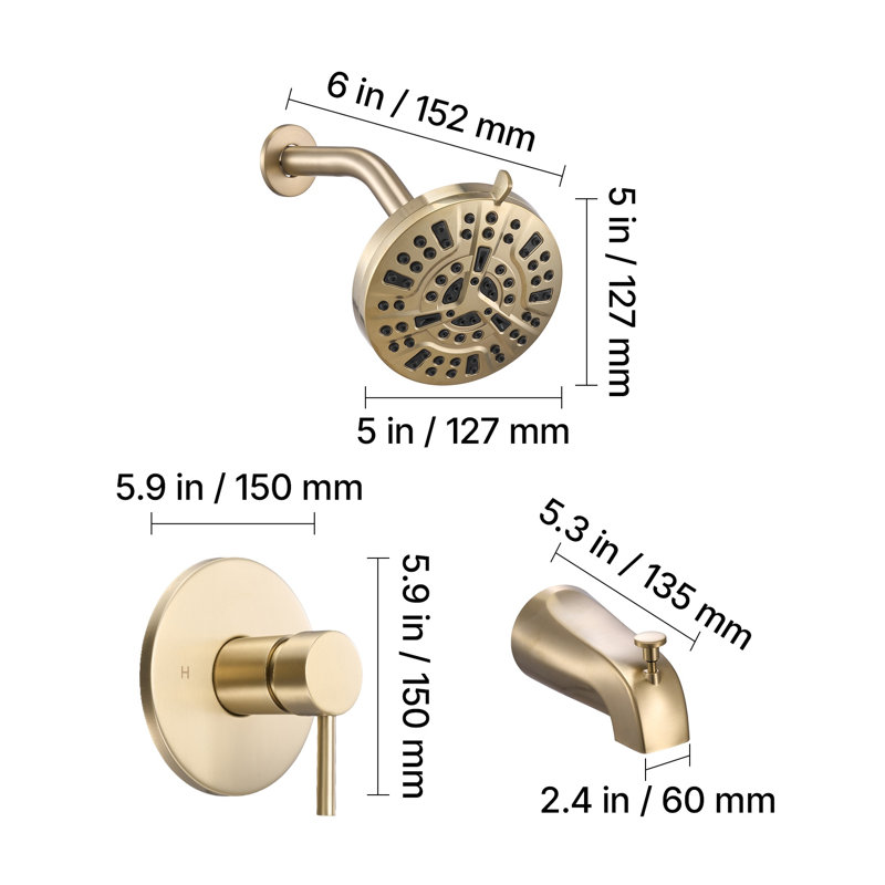 Ensemble de robinetterie de baignoire et de douche fini doré avec pommeau de douche effet pluie de 12,7 cm, jet à 8 positions et ensemble de garniture de soupape d'équilibrage de pression