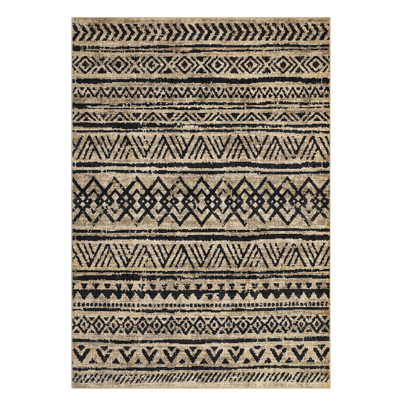 Vintage Living Room Rug 8 x 10 Washable Farmhouse Geometric Accent Carpet with Non Slip Backing Large Soft Low Pile Area Rug Tribal Floor Cover for Dining Room Bedroom Dark Linen