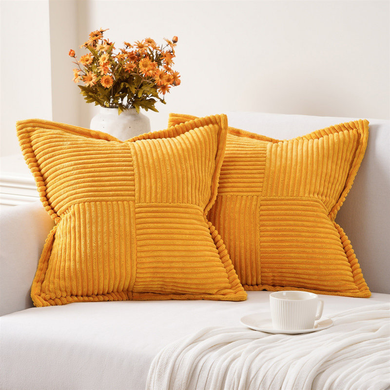 Housse de coussin carré en velours côtelé, H 18 po x l 18 po, Jaune