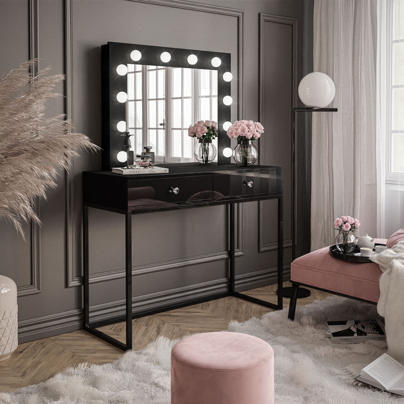 Antaneice Dressing Table with Mirror, Black/High Gloss Black