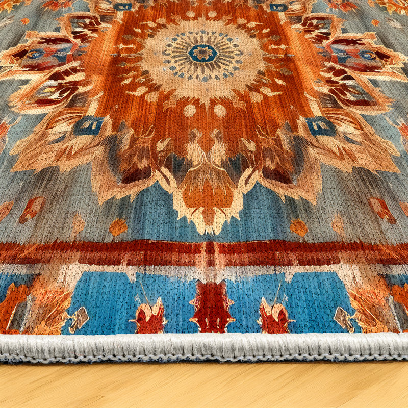 Nouvelle Collection Digital Print Cotton-Polyester Orange Blue Moroccan Rug, Runner 3'4" x 11'6"