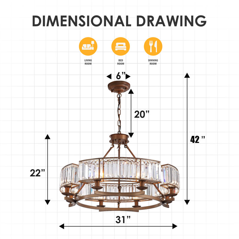 Jametrice 8-Light Dimmable Wagon Wheel Chandelier | Brown Wrought Iron Frame with Clear K9 Crystals, Adjustable Height (E14 Base) for Living Room, Dining Room & Foyer