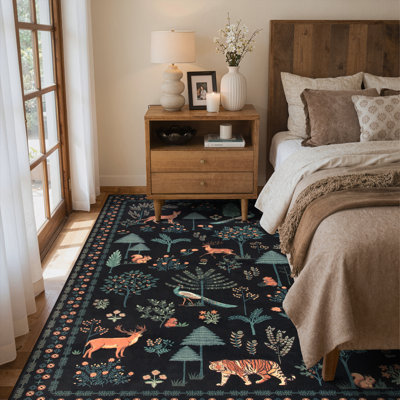  Tapis noir lavable à la machine 5 x 7 Garbrand Wild Jungle Animal Design, tapis doux antidérapant