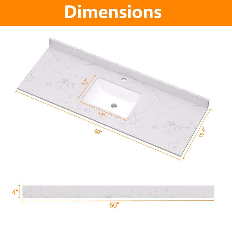 Dessus de meuble-lavabo en quartz 60 po avec lavabo encastré et dosseret en céramique