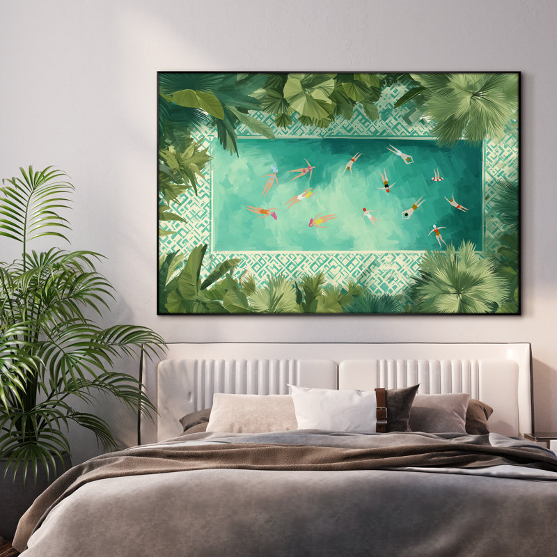 Très grand art mural imprimé sur toile - Scène de bord de piscine aérienne avec nageurs, design moderne tropical, décoration d'art contemporain pour le salon ou la chambre à coucher - «Assemblage requis du cadre (cadre non fini)»