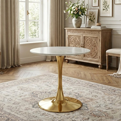 Modern Marble-Texture Round Table, Pedestal Base Coffee Table and Dining Table for 2–4 People, Suitable for Living Rooms, Apartments, and Cafés
