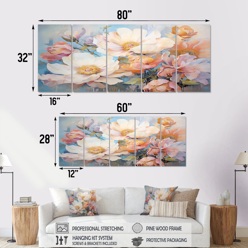 Keefe - Ensemble de 5 décorations murales pivoines, H 32 po x l 80 po