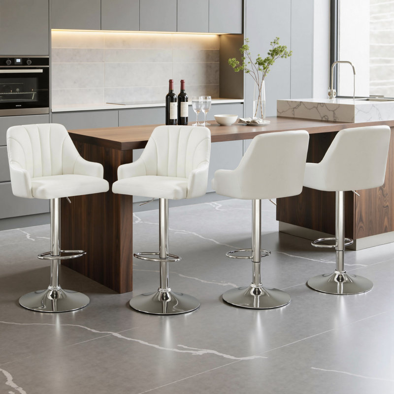 Set of 4 Bar Stools Adjustable Swivel Faux Leather Bar Chairs, Upholstered Counter Height with High Backrest Stool for Kitchen Island, White