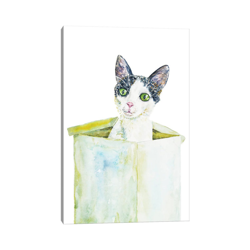 Drôle de chat dans la boîte par Alexey Dmitetchich Shmyrov - peinture sur toile tendue, H 18 po x l 12 po x 1,5 po