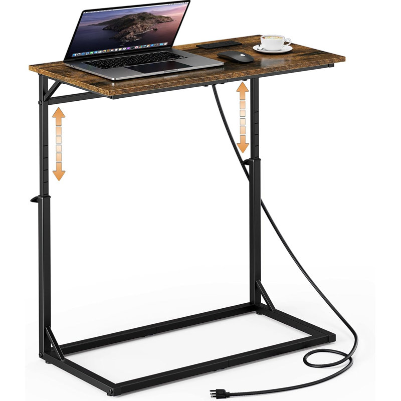Table de bout en forme de C avec station de charge, grande table d'appoint à hauteur réglable pour canapé