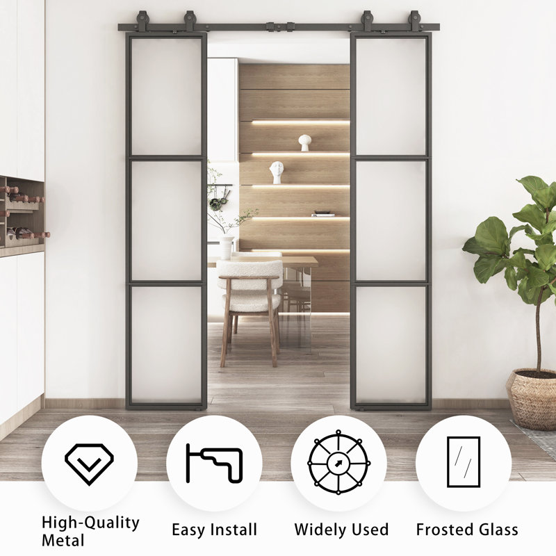 Metal and Tempered Glass Double Sliding Barn Door with Installation Hardware Kit, 2 Sets of Door, Frosted