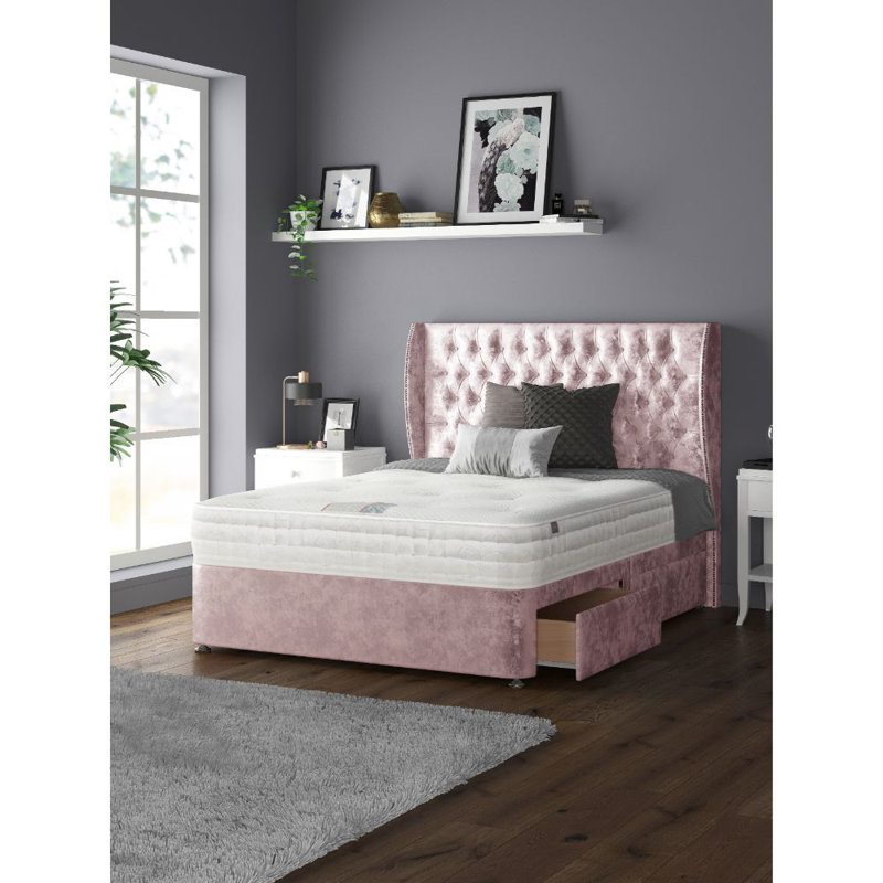 Mandalay Upholstered Divan Bed, Double, Pink, 2 Foot-End Drawers