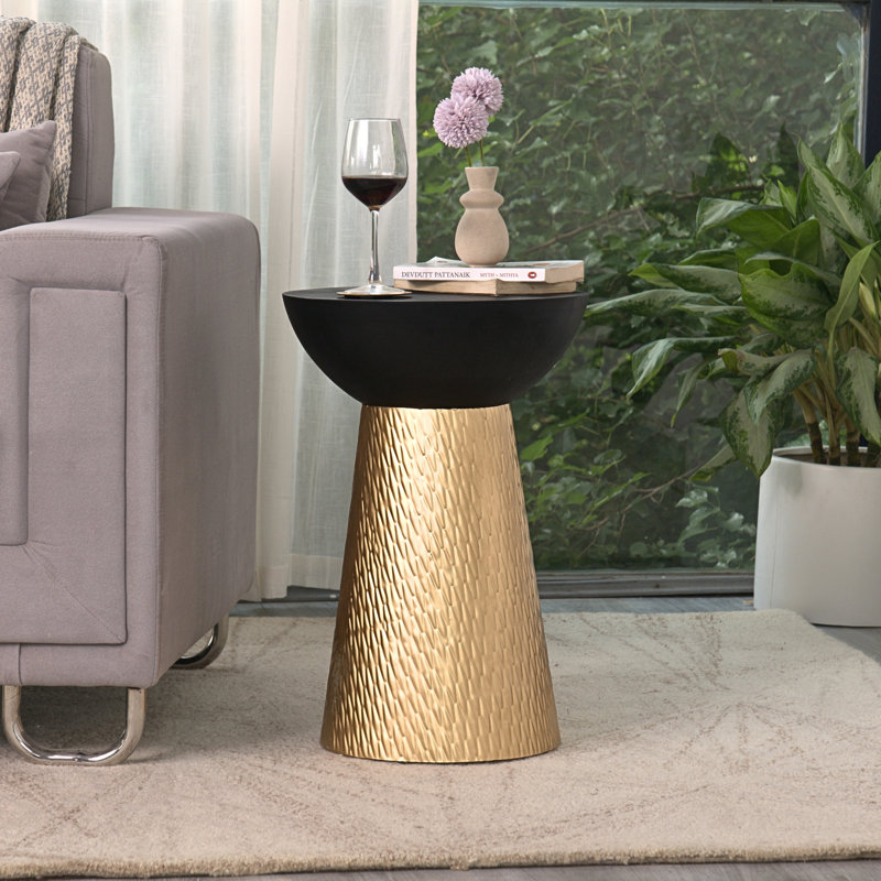  Modern Accent Hourglass Design Side Table with Matte Black Wooden Bowl Top, Gold