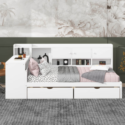 Lit de jour simple en L en bois avec sept armoires de rangement et deux tiroirs, lit multifonctionnel avec bureau d'étude intégré et bibliothèque