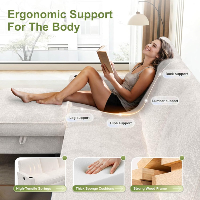 3-Seater Sofa with Storage Footstool and 2 Cup Holders, L-shaped Lounge Chair Sofa with USB Charging Port, Small Corner Sofa in the Living Room