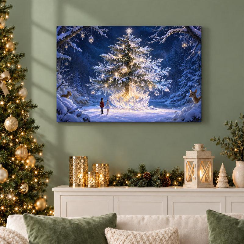 Art mural sur toile en forme d'arbre de cristal avec cerf dans la forêt enneigée, H 16 po x l 24 po