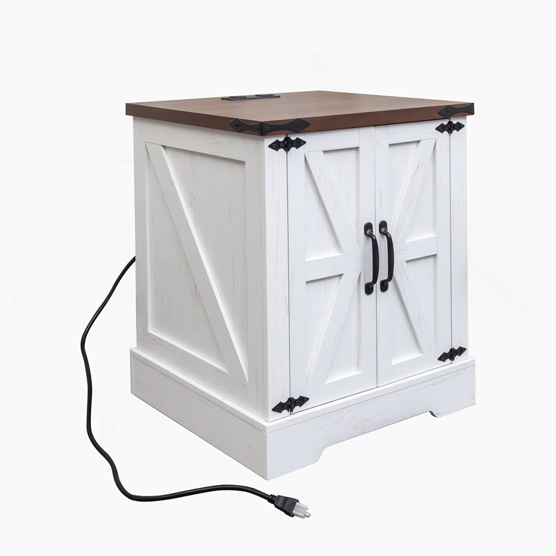 End Table with Charging Station and Adjustable Shelf, White