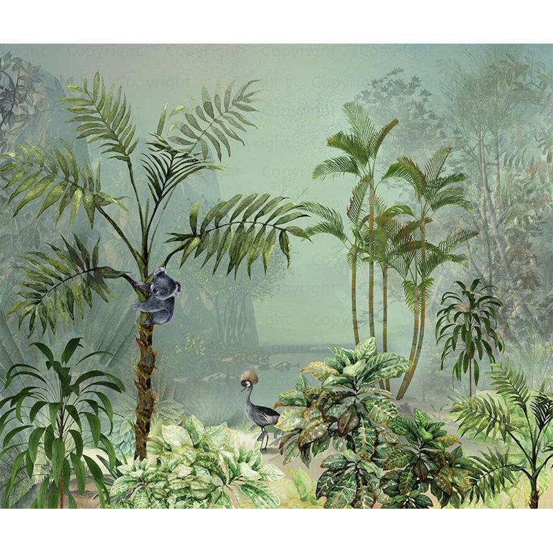 Papier peint faune forêt tropicale, koala et grue, scène de jungle, L 1416 po x l 131 po, Vert