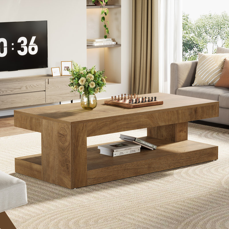 47.24'' Rectangular Coffee Table For Living Room, Farmhouse 2-tier Accent Center Tea Cocktail Table With Storage, Oak Brown