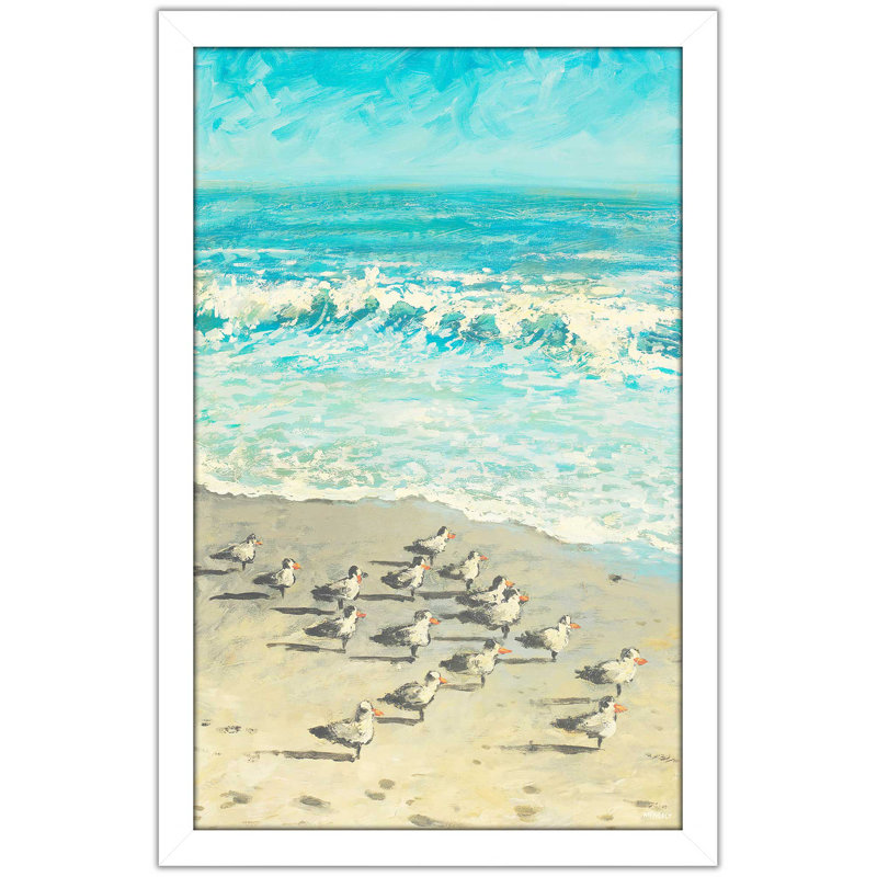«Sandpiper Beach Party», reproduction de peinture acrylique, H 27,5 po x l 21,5 po x P 0,75 po, Cadre blanc