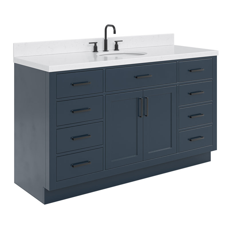 Thornaby Solid Wood Single Bathroom Vanity with 1.5'' Carrara Quartz Top, Midnight Blue, Oval