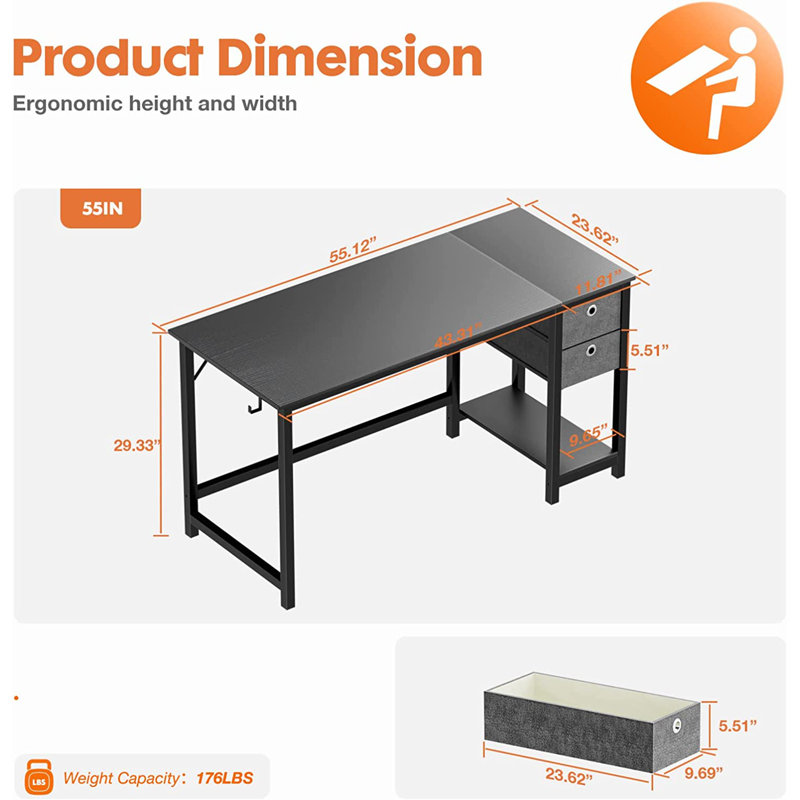Bureau d'écriture avec 2 tiroirs Norrington, Noir, H 29,3 po x l 55 po x P 23,6 po