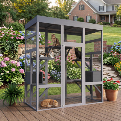 70 inch large outdoor catio enclosure, wood cat patio with waterproof roof and platforms for backyard gray