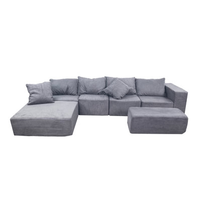 Grey 4 Seat Modular Sectional Couch With 2 And Oversized Chaise, Cloud For Living Room, American Design, Velvet Main Material, Medium - Firm Seat, Standard 100 By Corduroy, Shrink , Machine Washable,