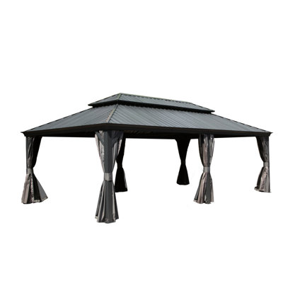 14X22ft Gazebo, Grey - Galvanized Steel Roof, Aluminum Frame, Built-In Gutter System, Curtain And Netting For Patio Garden Gazebo